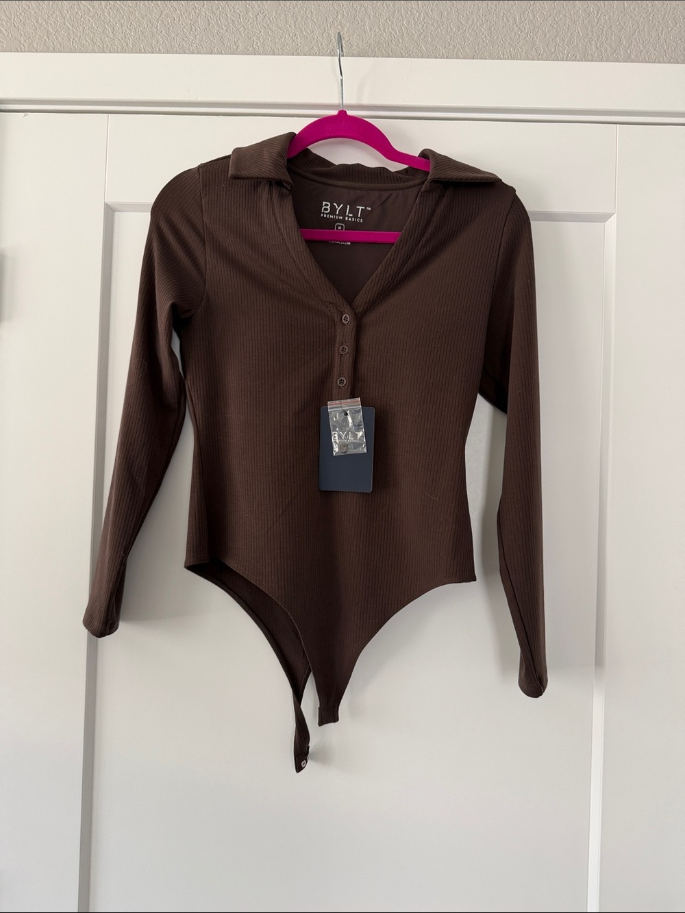 BYLT Basics Brown Ribbed Long-Sleeve Bodysuit